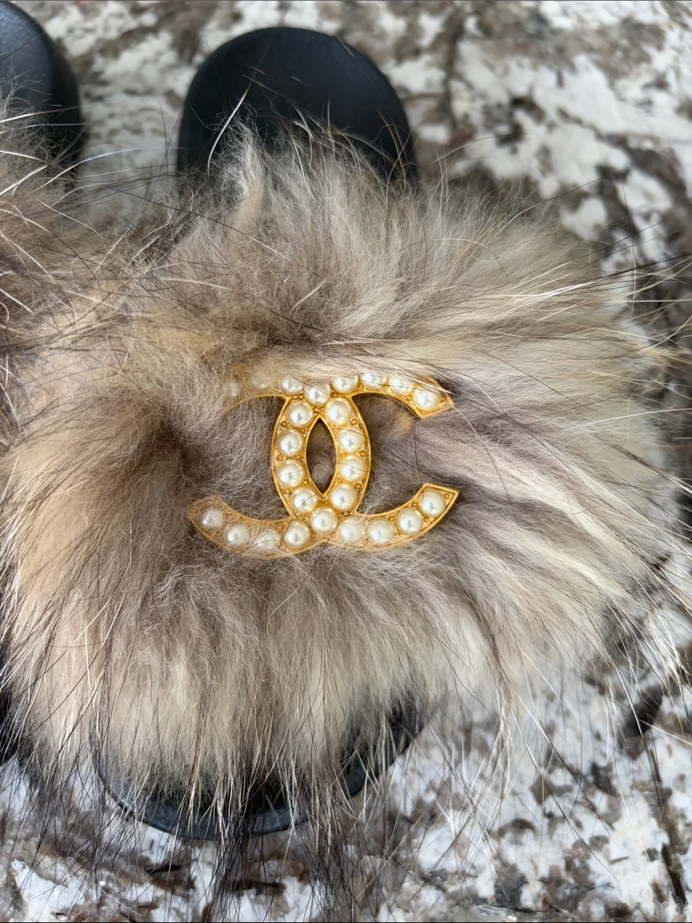 Faux-Fur Pearl-Embellished Slide Sandal - Tan/Beige